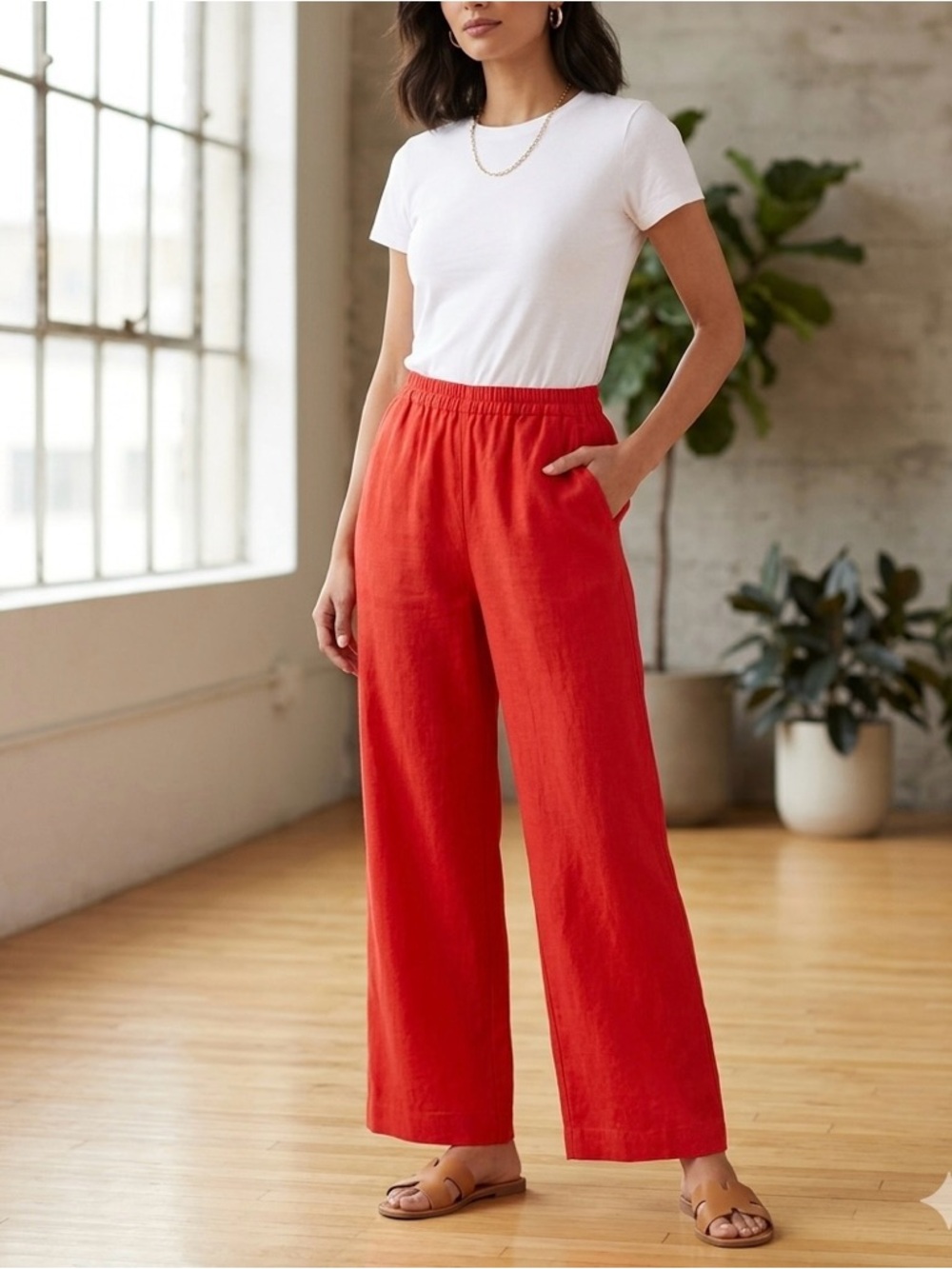 NEW A New Day Mid-Rise Wide Leg Linen Pull-On Pants Red Size Small